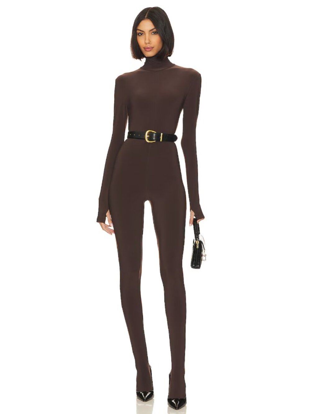 Norma Kamali Slim Fit Turtle Catsuit With Footsie in Chocolate Brown Long Sleeve